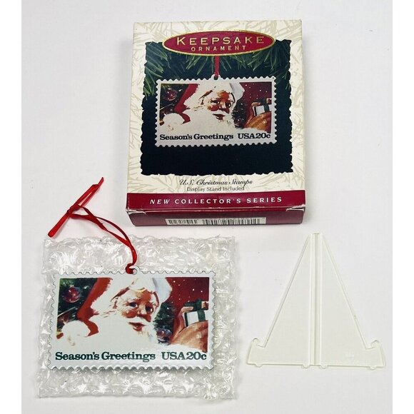 VTG 1993 HALLMARK Keepsake Ornament U.S. CHRISTMAS STAMP #1 Santa Enamel EUC - Picture 1 of 6